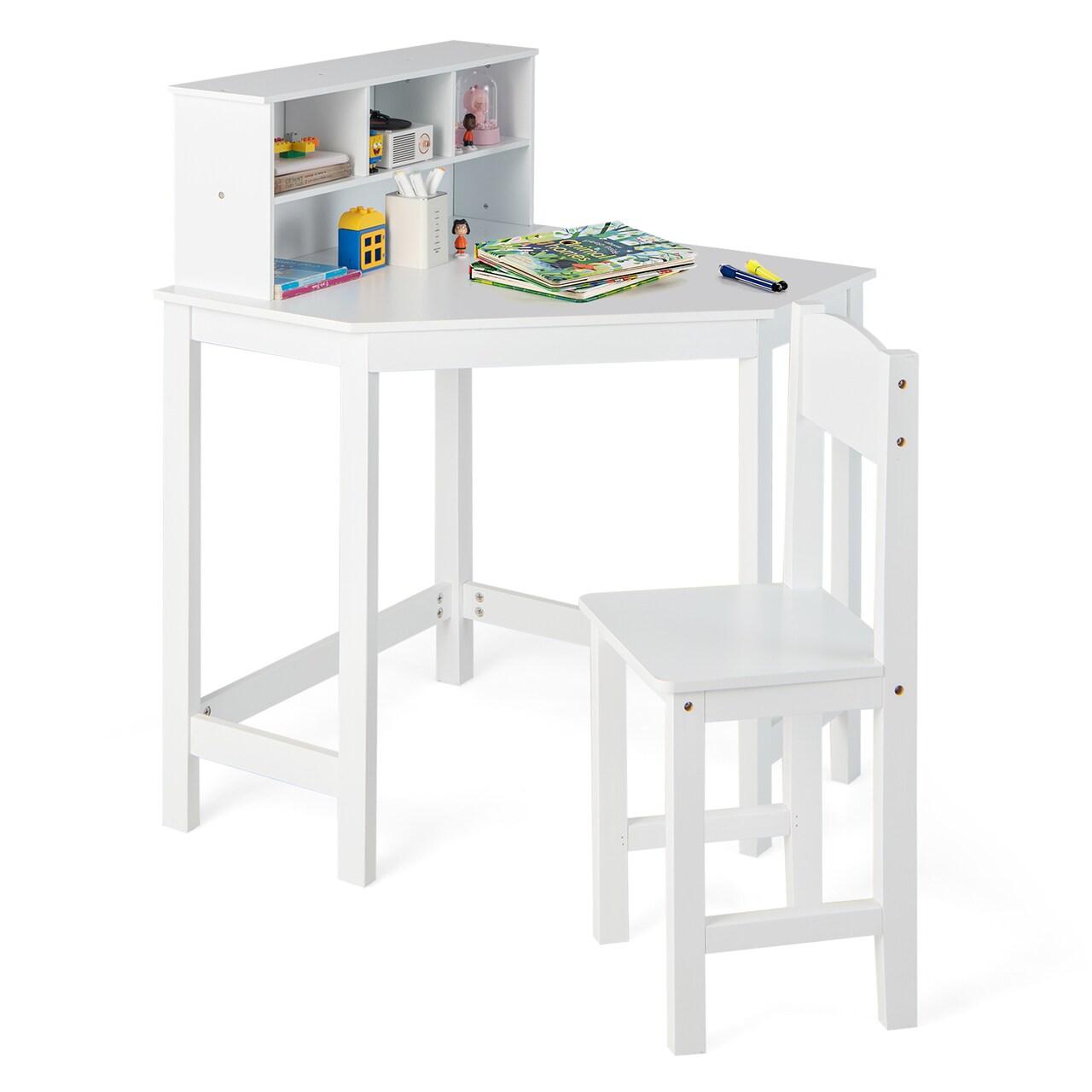 Kids Wooden Corner Desk and Chair Set with Hutch and Storage White